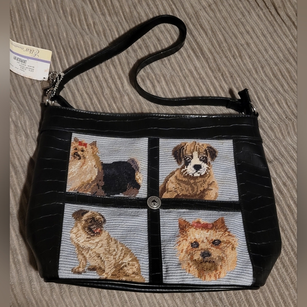 Elka Vintage Black Dog Embroidered Shoulder Bag NWT